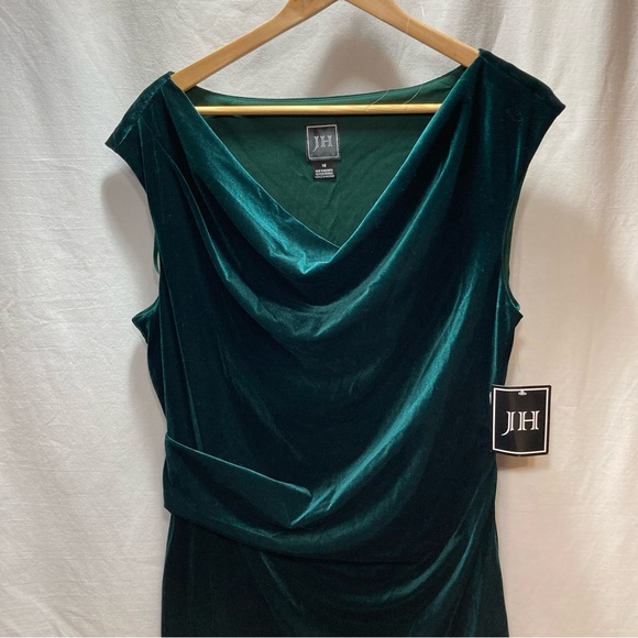 TOMMY HILFINGER VELVET GREEN PARTY DRESS RUCHING ZIP UP DRAPED NECK NWT SIZE 16 - Picture 3 of 15